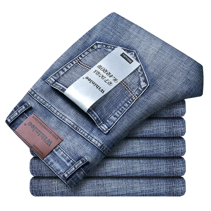 Frontansicht der Herren-Jeans mit geradem Bein, klassisch, bequem und vielseitig für Männer.