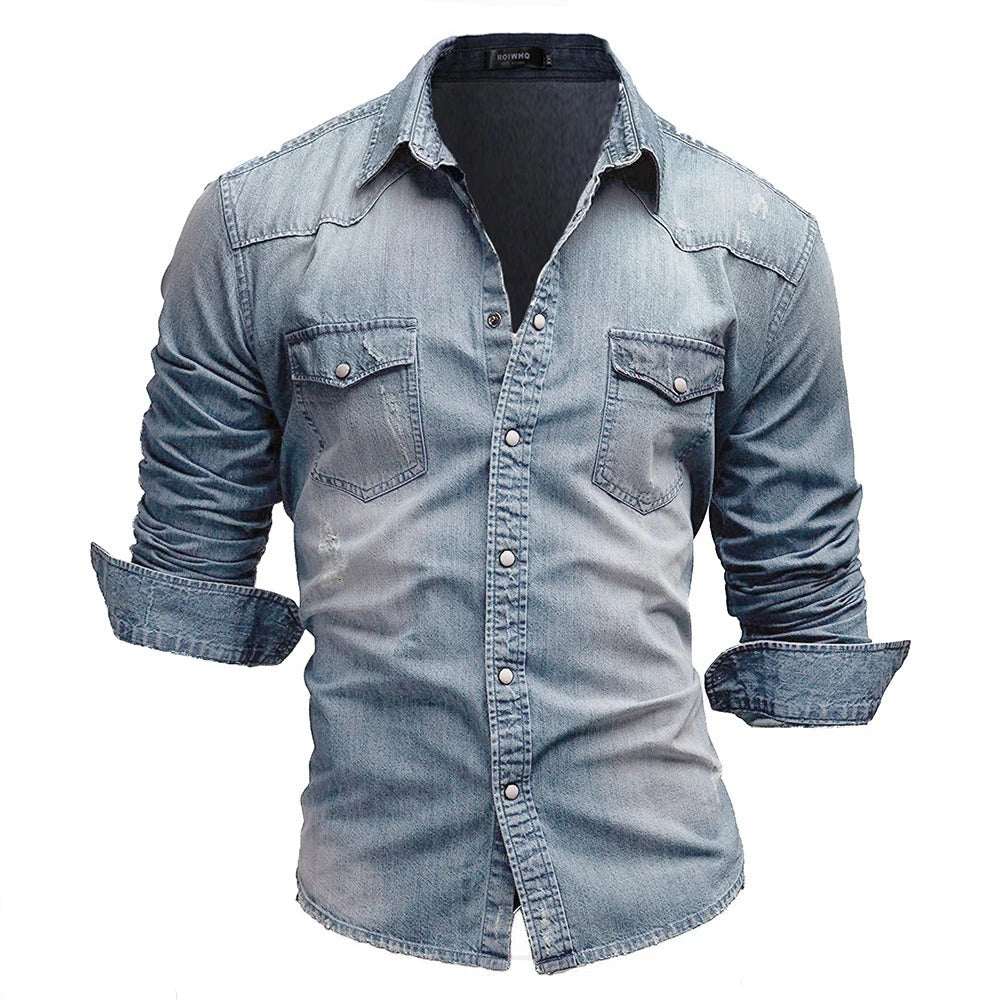 Herren Jeanshemd slim fit mit Kentkragen in Azur Blau, stilvoll für Alltag und Freizeit.
