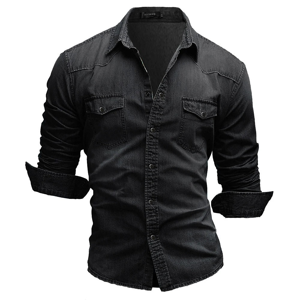 Modernes Herren-Freizeithemd aus Denim in Corvino Schwarz, slim fit, perfekt für stilvolle Alltags-Outfits.