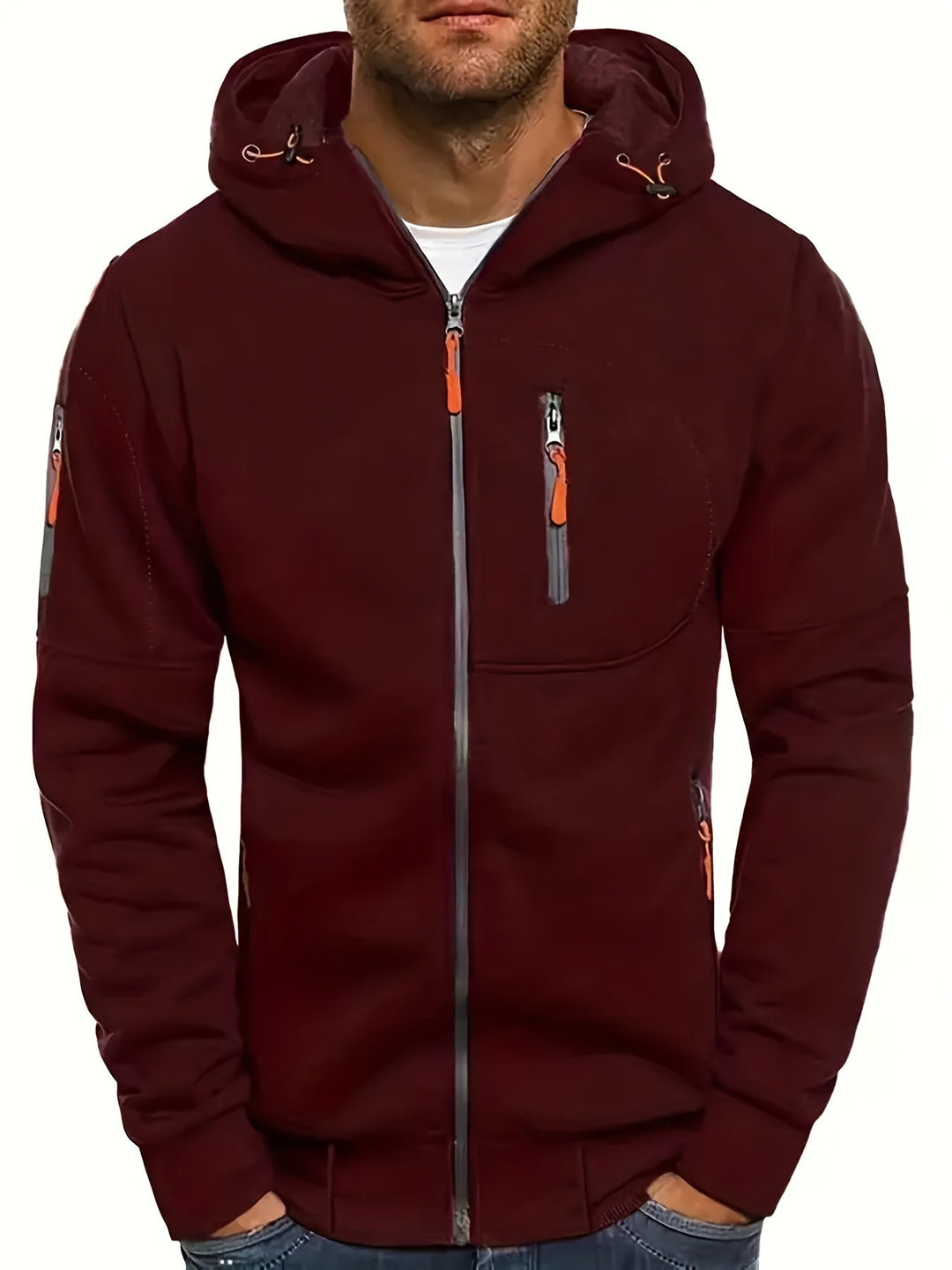Rückenansicht der stilvollen Herren Kapuzenjacke für den Herbst, sportlich und bequem.
