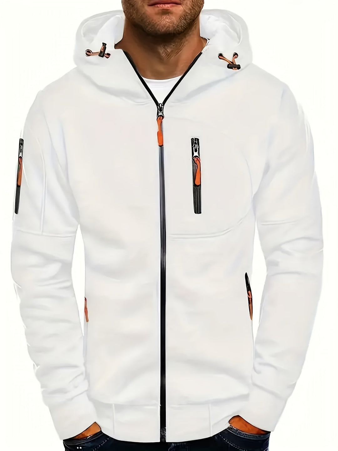 Herren Kapuzenjacke getragen: Bequeme, wetterfeste Herren Kapuzenjacke im Herbst-Look, perfekt für Outdoor.