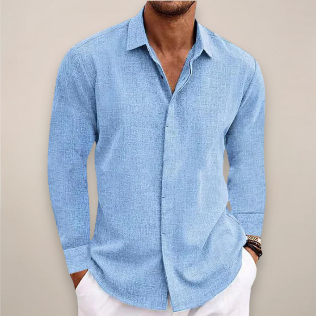 Herren Langarm-Hemd Christoph in Blau, lässig & elegant für warme Sommertage. Komfortables Freizeithemd mit Knopfleiste.