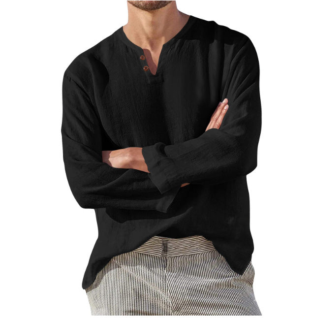 Stylisches Herren Henley Langarmshirt, V-Ausschnitt mit Knopfleiste. Ideal für entspannte Freizeit-Looks.