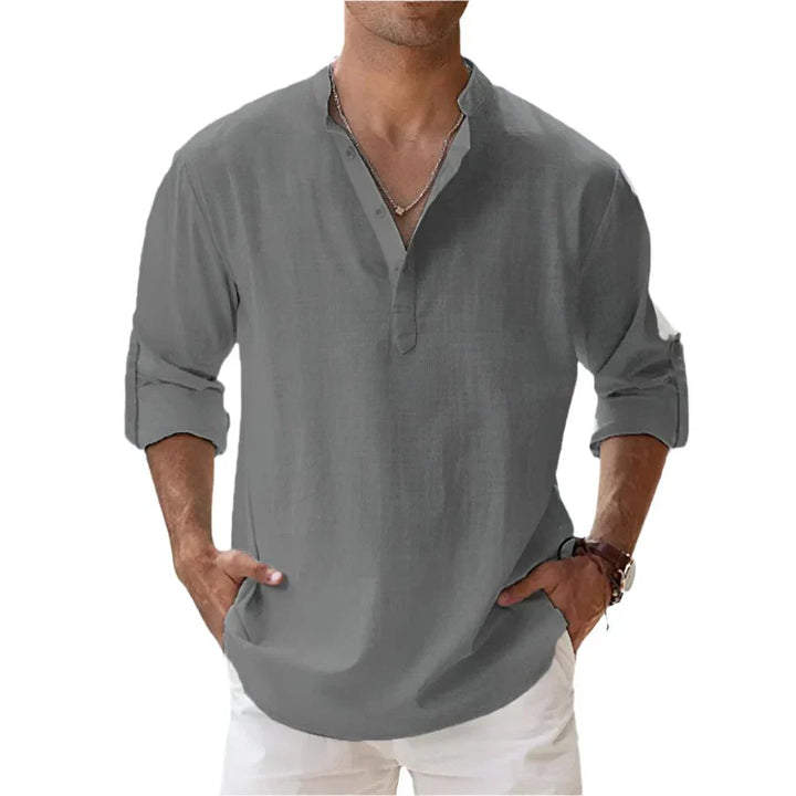 Herren Langarm Henley-Shirt mit Stehkragen in Unifarbe. Ideales Casual-Freizeitshirt für den Alltag.