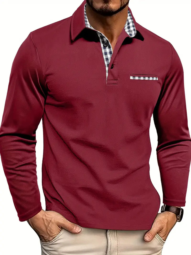 Graues elegantes Herren Langarm Poloshirt mit kariertem Kragen & Tasche, perfekt für Freizeit & Business.