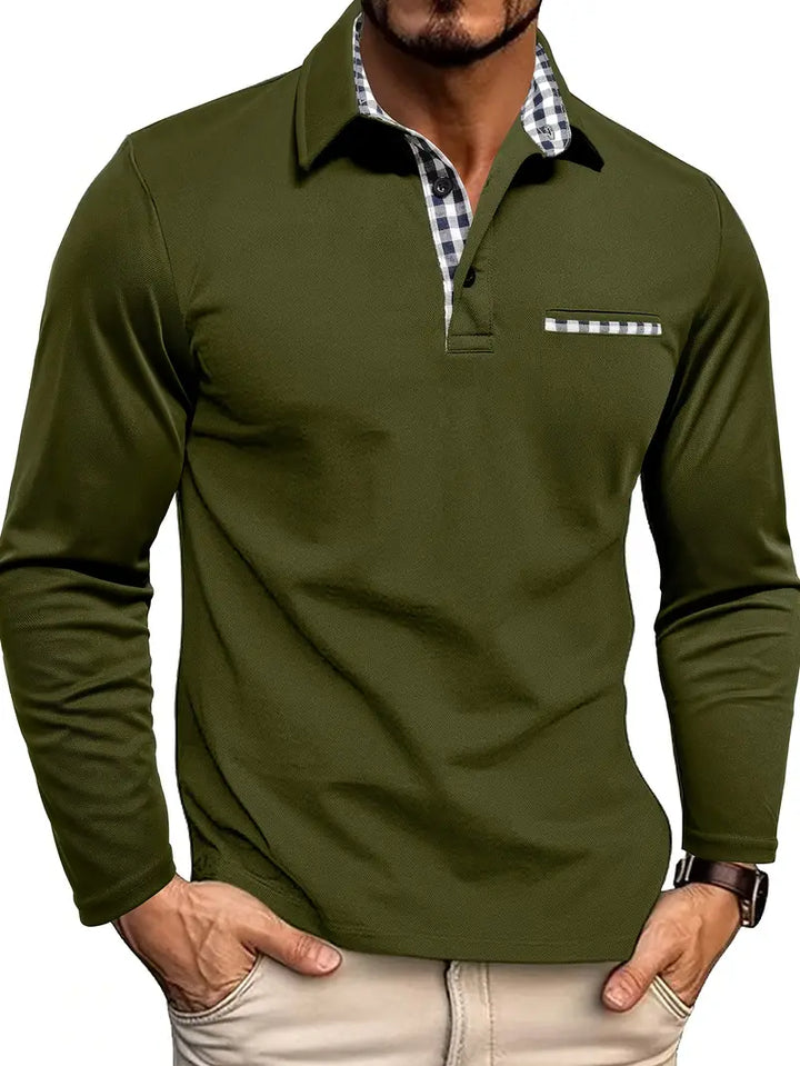 Burgunderrotes Herren Langarm Poloshirt, Hemd-Stil, mit kariertem Kragen & Brusttasche. Elegantes Langarmshirt.