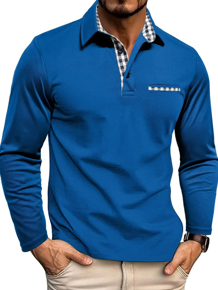 Olivgrünes Business Casual Herren Langarm Poloshirt mit kariertem Kragen & Tasche. Vielseitige Freizeitmode.