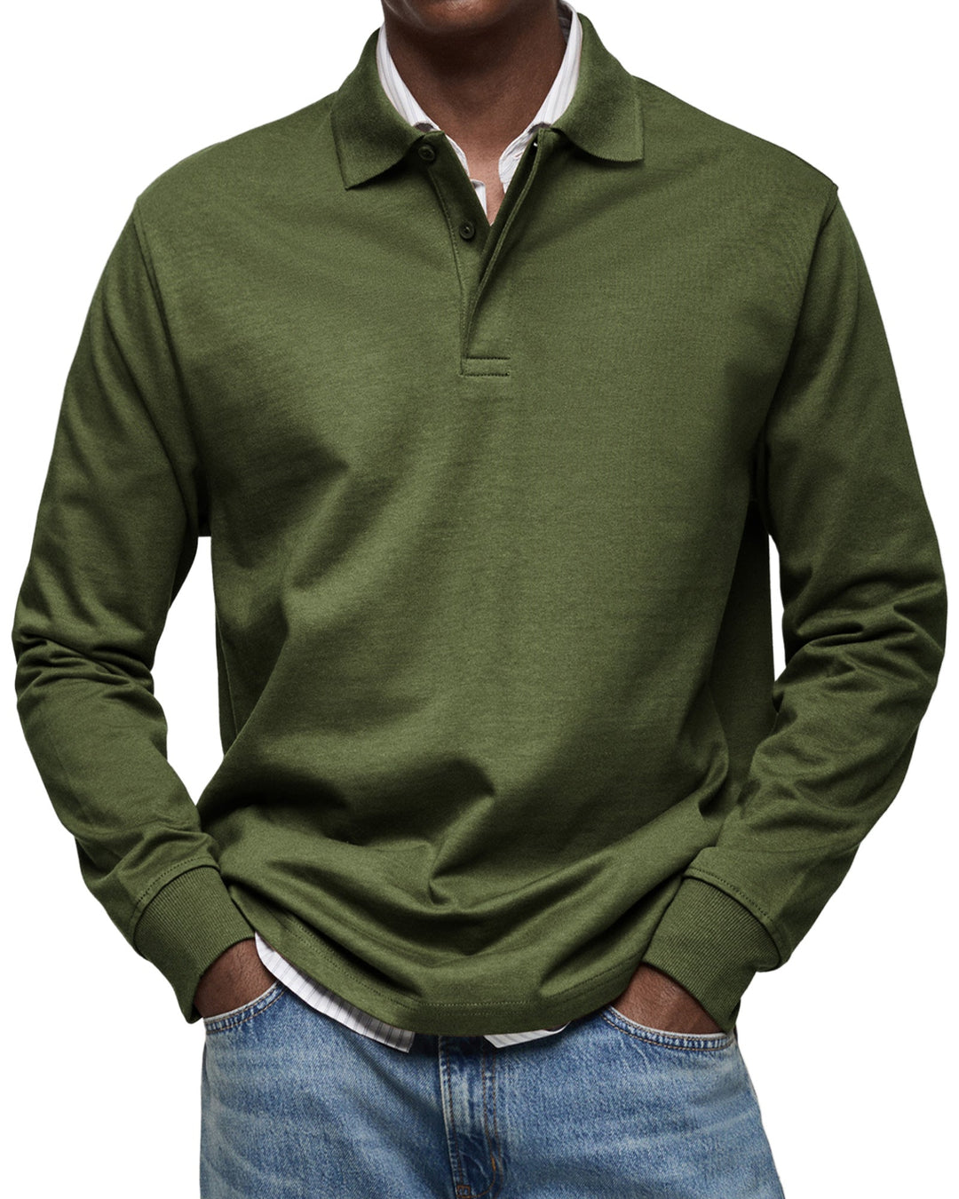 Nahaufnahme eines Herren Langarm Poloshirts. Details des Strukturkragens und des hochwertigen Stoffes.
