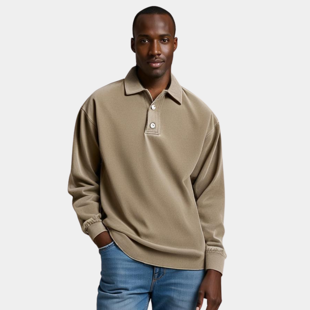 Herren Langarm Vintage-Hemd mit Polokragen und Rippbündchen für einen stilvollen Casual-Look.