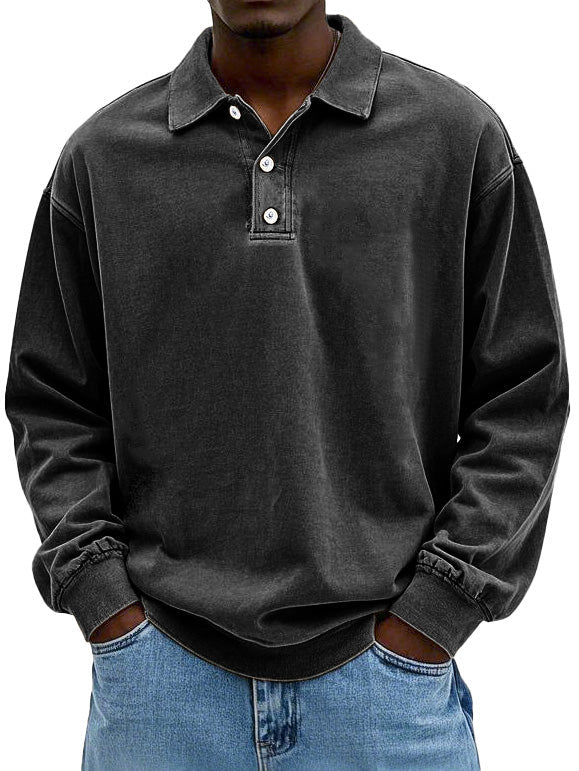 Hochwertiges Herren Langarm Vintage-Hemd mit Polokragen und Rippbündchen. Stilvolles Freizeit-Oberteil.