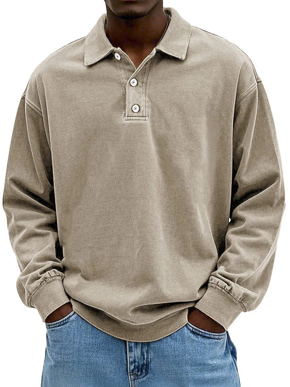 Vielseitiges Herren Langarmhemd im Vintage-Stil mit Polokragen & Rippbündchen. Für Smart-Casual & Freizeit.
