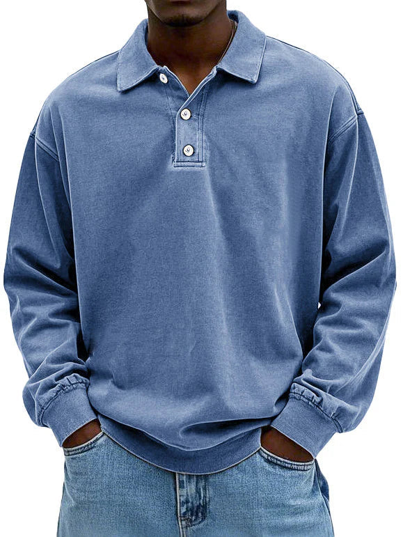 Smart-Casual Vintage-Hemd für Herren. Langarm, Polokragen, Rippbündchen. Perfekt für Freizeit & Mode.
