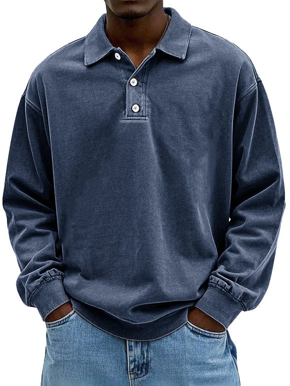 Retro Langarmhemd für Männer, Polokragen, Rippbündchen. Ideal als Casual oder Smart-Casual Oberteil für Männer.