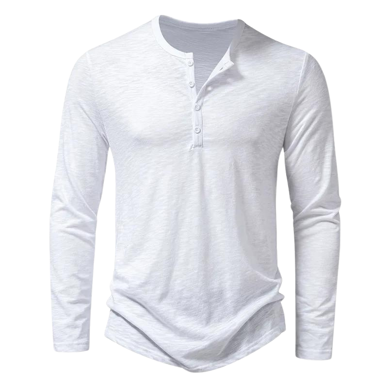 Mann trägt beiges Herren Langarmshirt, entspannt stehend, ideal für lässige Casual- & Business-Looks.