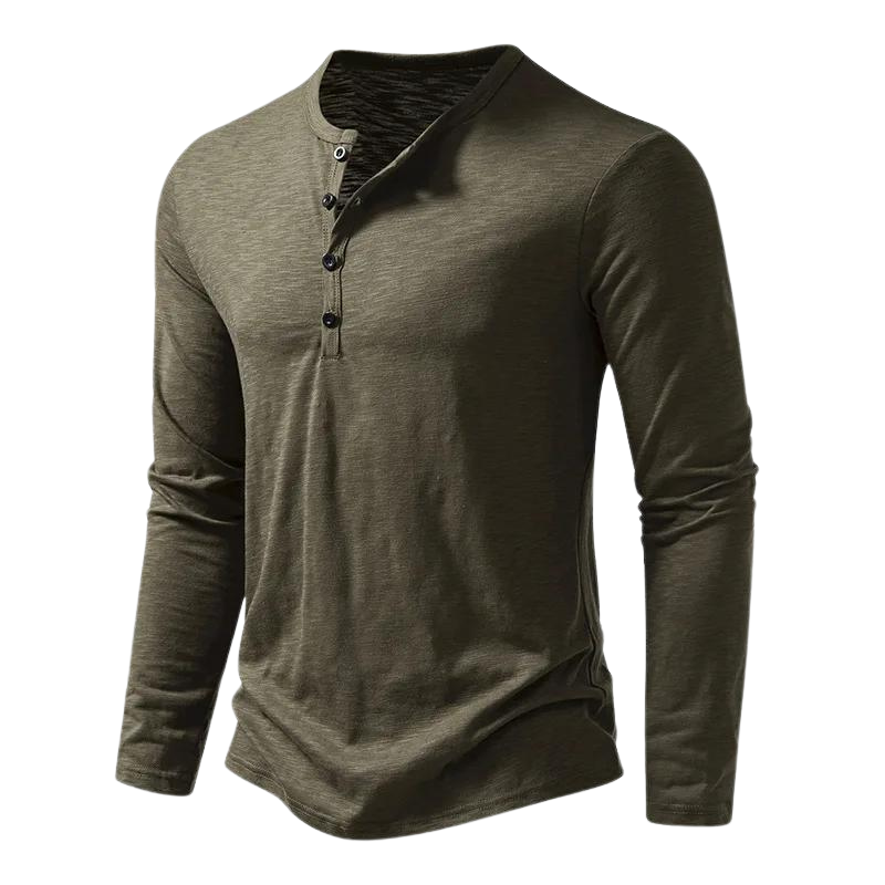 Nahaufnahme eines schwarzen Herren Langarmshirts mit Rundhals-Ausschnitt, betont die hochwertige Verarbeitung.