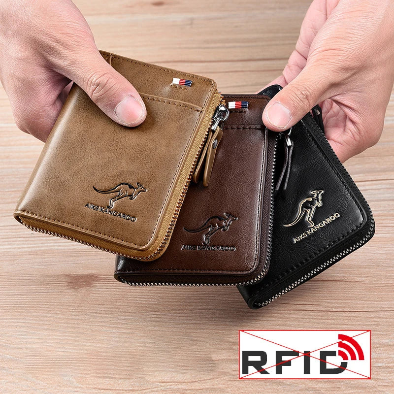 "Herren-Leder Geldbörse mit RFID-Schutz, elegantes Design in Schwarz, kompakte Größe, sicherer Reißverschluss, echtes Leder"