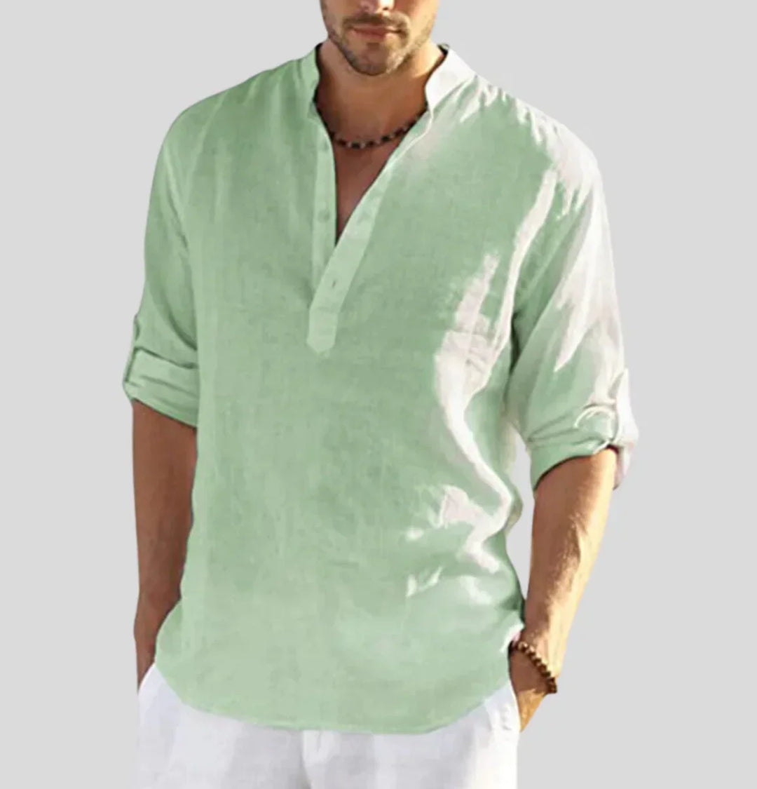 "Herren Leinenhemd mit klassischem Kragen, atmungsaktivem Stoff, ideal für formelle Anlässe, elegante Details."