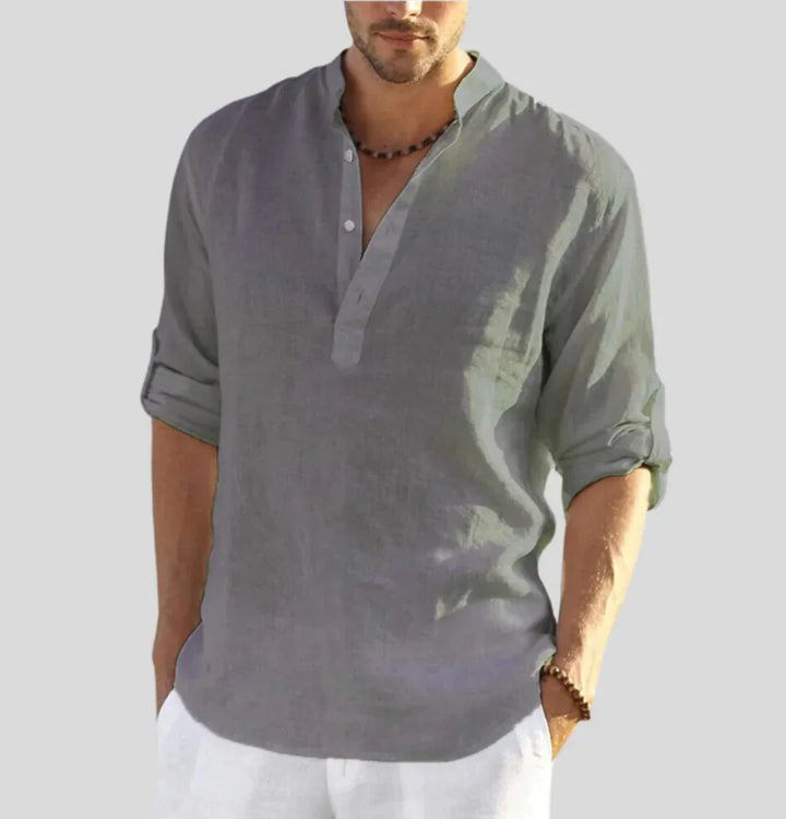 "Herren Leinenhemd mit klassischem Kragen, atmungsaktivem Stoff, ideal für formelle Anlässe, elegante Details."