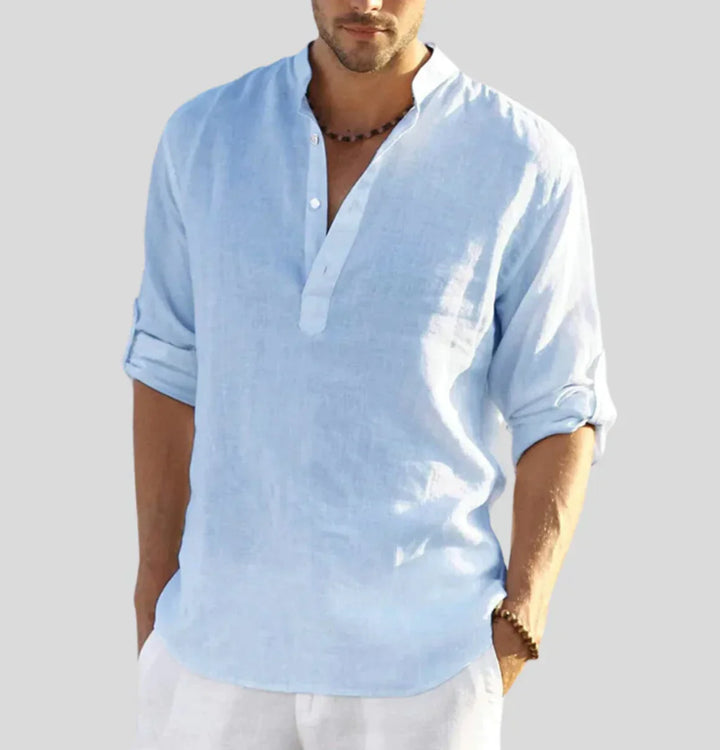 "Herren Leinenhemd mit klassischem Kragen, atmungsaktivem Stoff, ideal für formelle Anlässe, elegante Details."