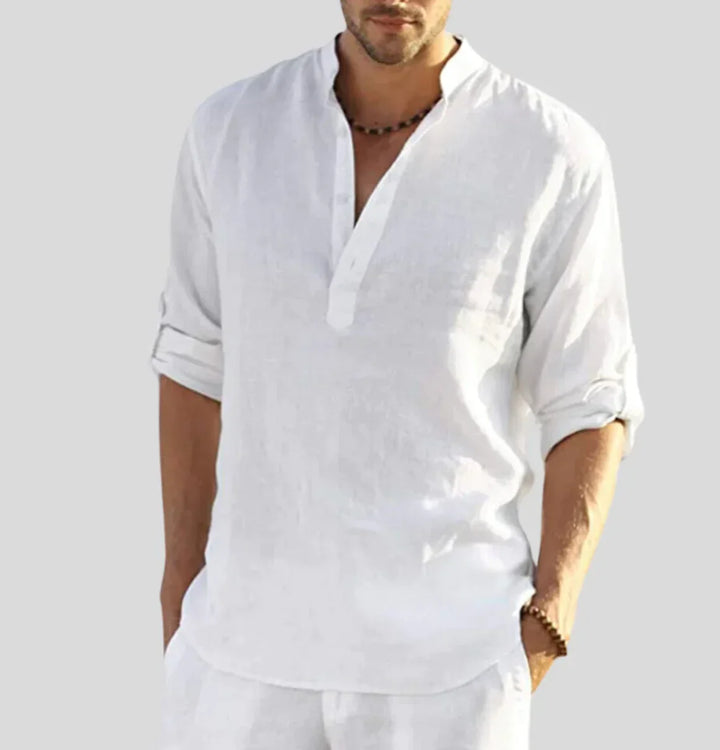 "Herren Leinenhemd mit klassischem Kragen, atmungsaktivem Stoff, ideal für formelle Anlässe, elegante Details."