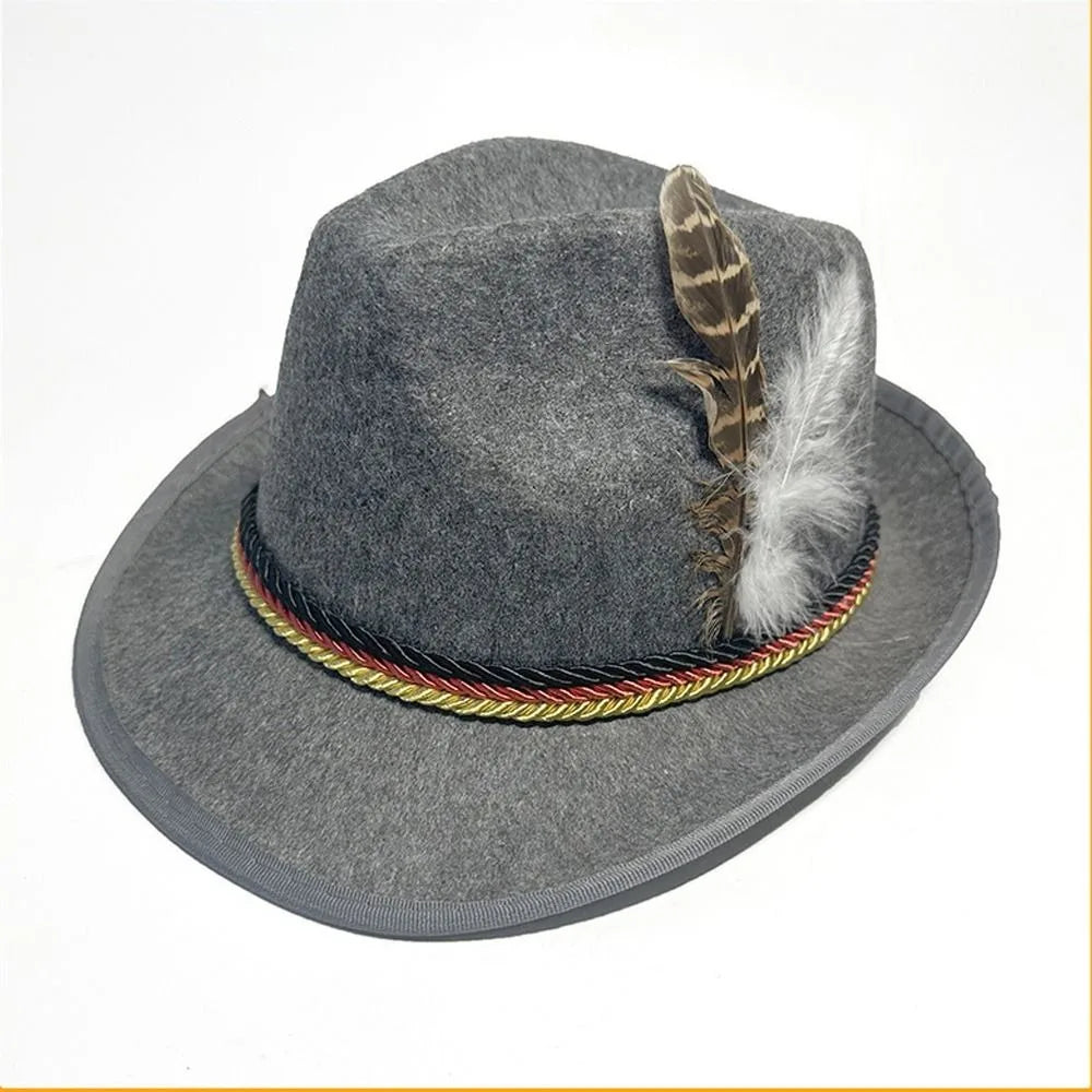 Herren Oktoberfest Fedora Hut mit grüner Feder, traditionelles bayerisches Trachten-Accessoire für Kostüm und Party.