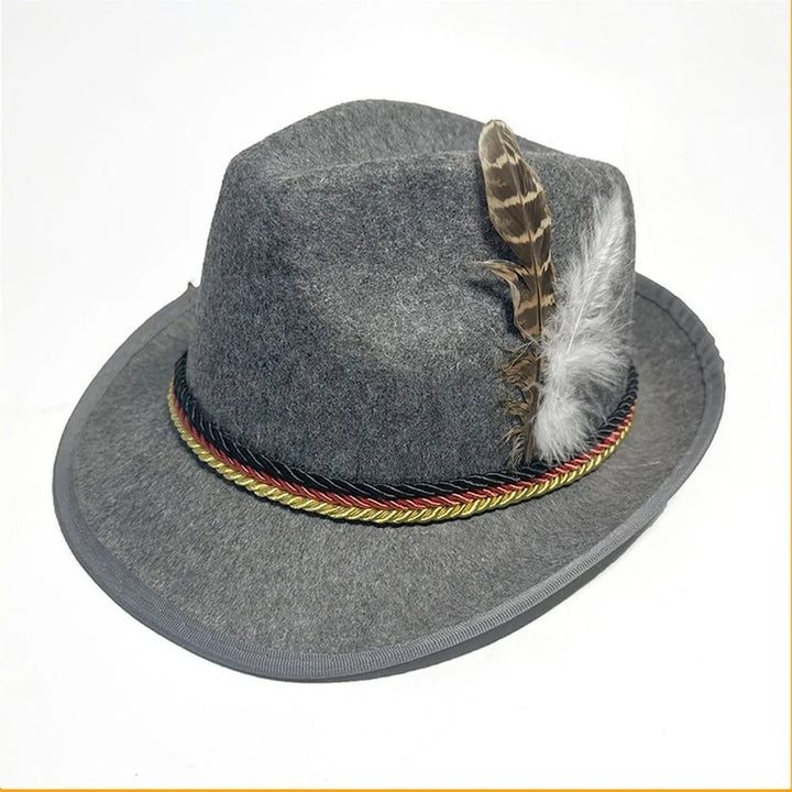 Herren Oktoberfest Fedora Hut mit grüner Feder, traditionelles bayerisches Trachten-Accessoire für Kostüm und Party.