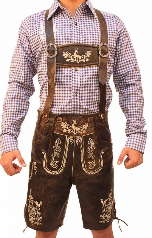 Herren Oktoberfest Lederhosen aus Leder mit traditionellen Stickereien und verstellbaren Trägern für die Wiesn.