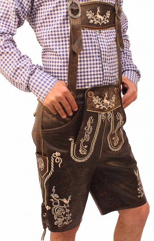 Traditionelle bayerische Herren Lederhose für Oktoberfest & Volksfest, mit feiner Stickerei verziert.
