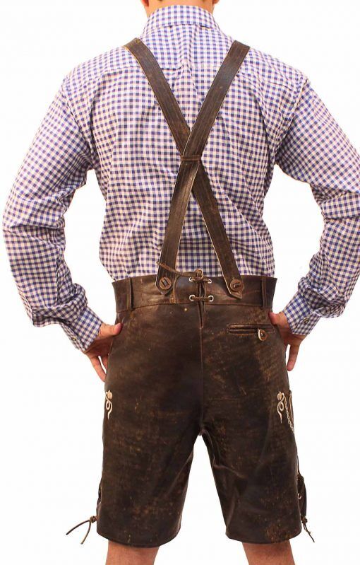 Authentische Lederhosen Herren Trachtenmode aus hochwertigem Leder, mit Stickereien & verstellbaren Hosenträgern.