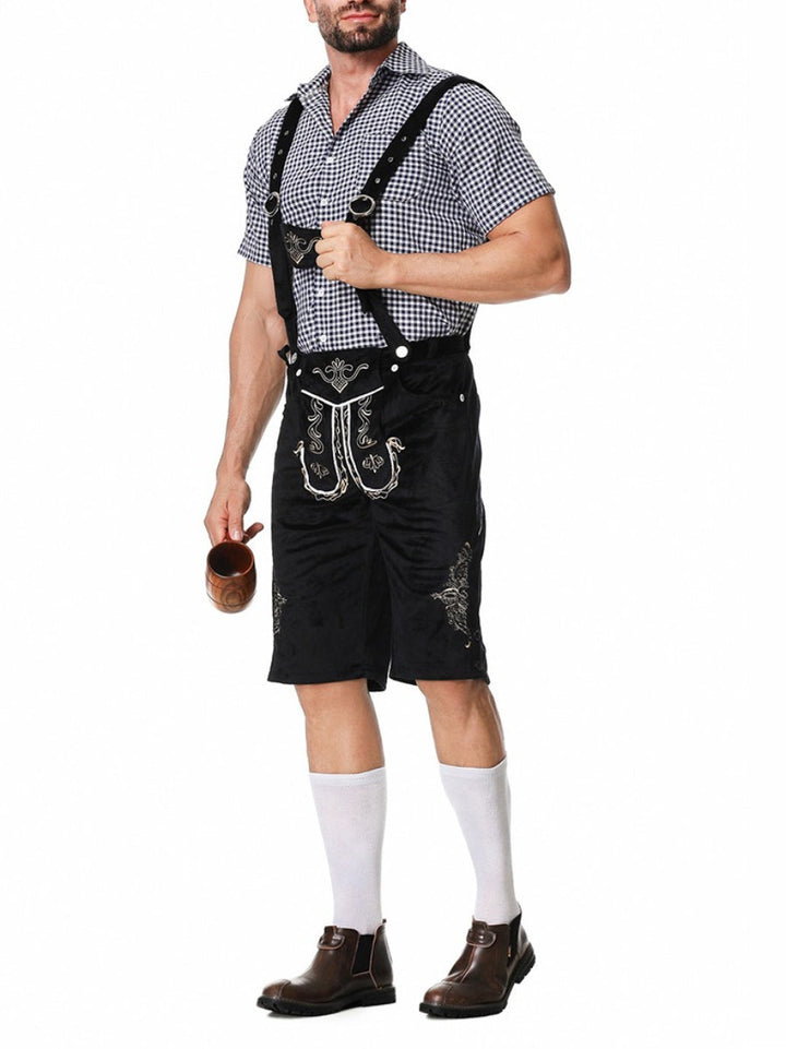 Herren Oktoberfest Outfit: Braune Lederhosen, kariertes Hemd, Trachtenmode für Ihr Bierfest.