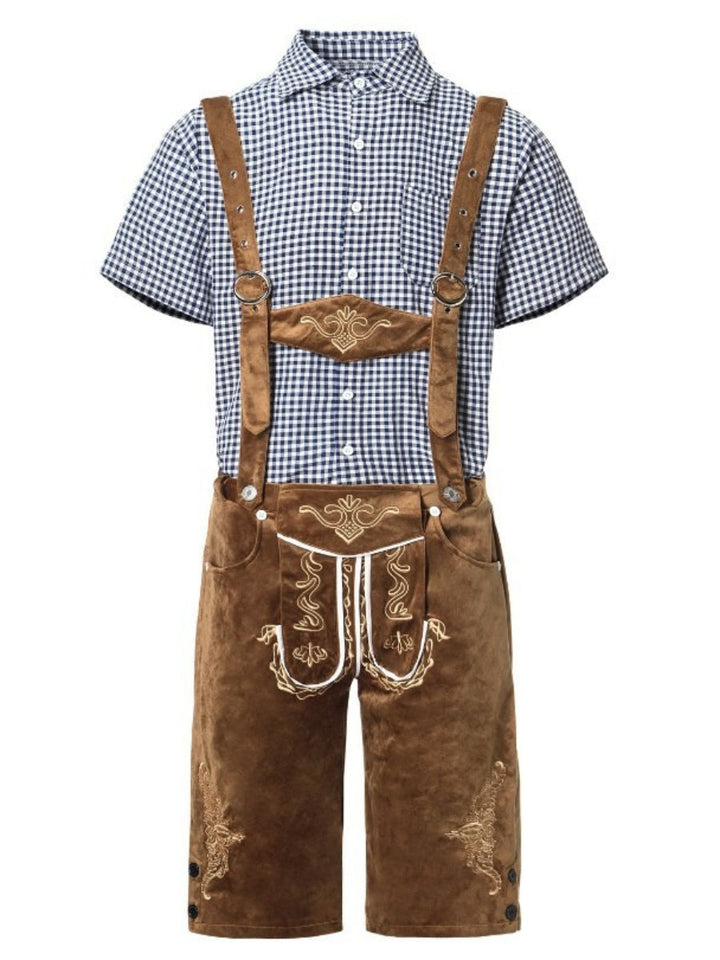 Lederhosen Herren: Nahaufnahme des Leders und der Knöpfe. Teil des traditionellen Fest Outfit Sets.