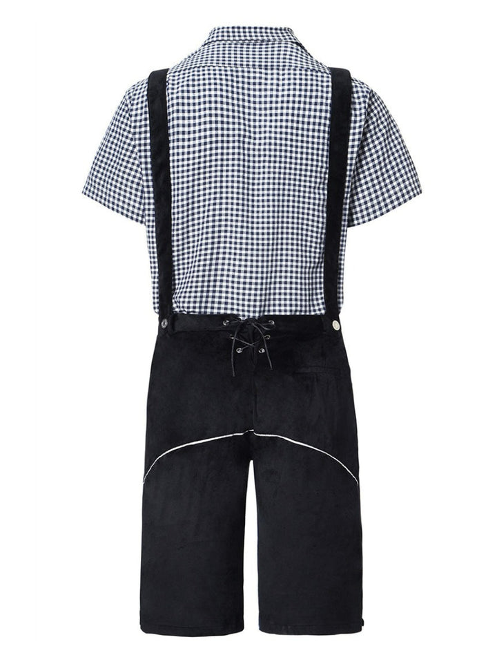 Herren Festtagsmode: Braune Lederhosen und kariertes Trachtenhemd, ein traditionelles Bierfest Outfit.