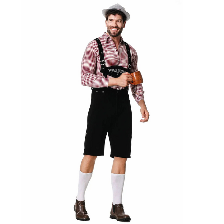 Herren Oktoberfest Trachten-Dreiteiler Set: Lederhose, Trachtenhemd & Krawatte. Festtagskleidung für Männer.
