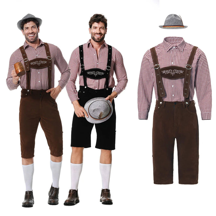 Festlicher Herren Trachten-Dreiteiler: Elegante Lederhose, Trachtenhemd und Krawatte für Feste.
