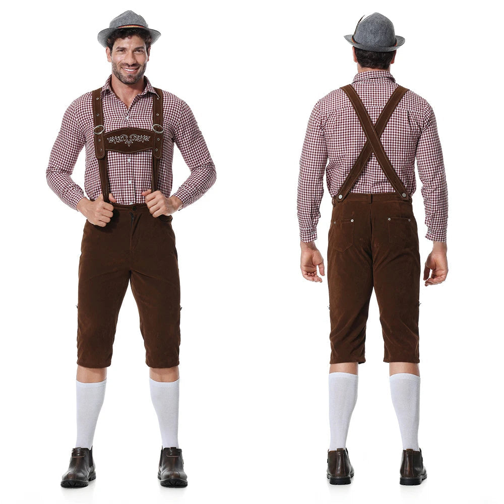 Perfektes Party Outfit: Herren Oktoberfest Trachten-Dreiteiler mit Hose, Hemd und traditioneller Krawatte.