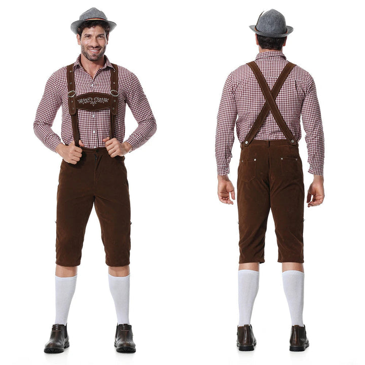 Perfektes Party Outfit: Herren Oktoberfest Trachten-Dreiteiler mit Hose, Hemd und traditioneller Krawatte.