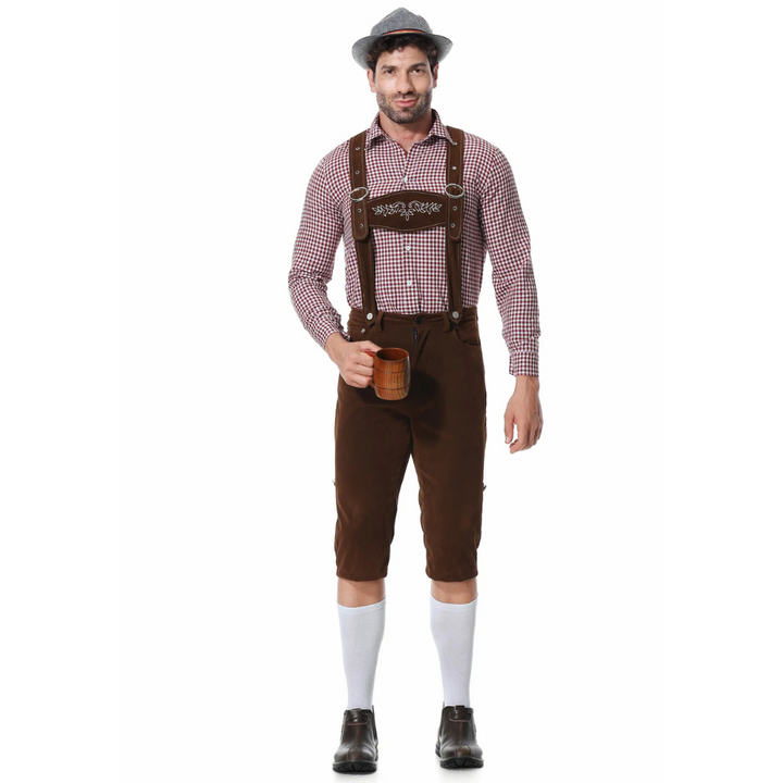 Authentisches Oktoberfest Trachten-Outfit für Männer. Komplettes Set mit Hose, Hemd und Krawatte.