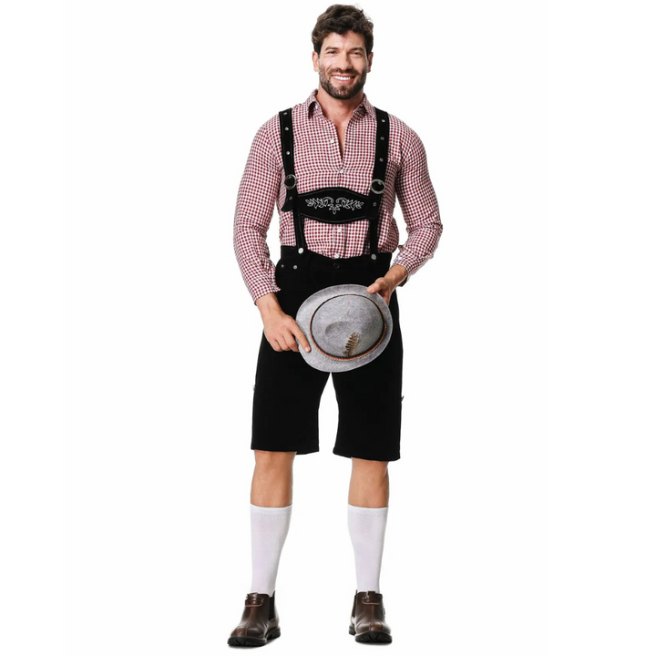 Komplettes Herren Trachten Set: Elegante Lederhose, kariertes Hemd, schicke Krawatte für Oktoberfest.