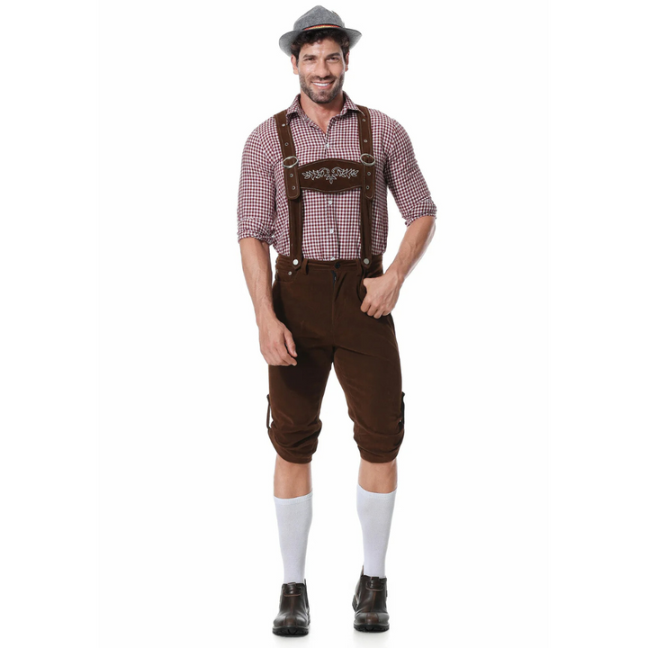 Bayerischer Herren Trachten-Dreiteiler: Kurze Lederhose, traditionelles Hemd & Krawatte für Feste.
