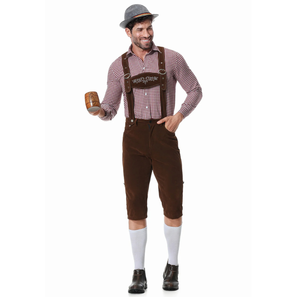 Modernes Herren Oktoberfest Trachten-Dreiteiler-Set mit Hose, Hemd und stilvoller Krawatte.