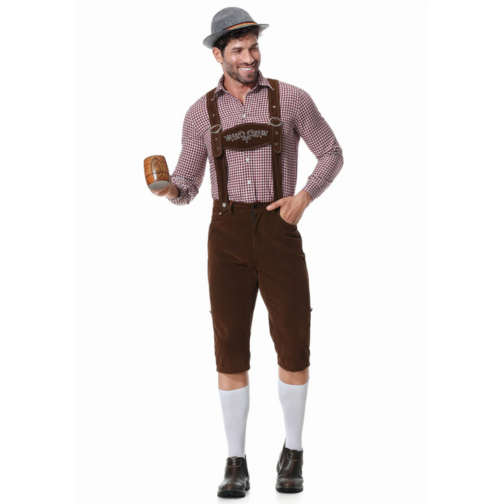 Modernes Herren Oktoberfest Trachten-Dreiteiler-Set mit Hose, Hemd und stilvoller Krawatte.