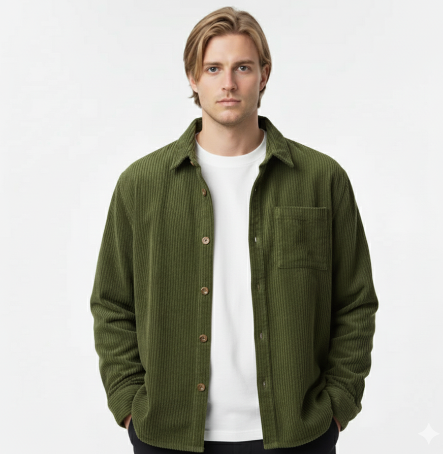 Grüne Herren Overshirt-Jacke, robust und stilvoll, perfekt als vielseitige Übergangsjacke für kühle Herbsttage.