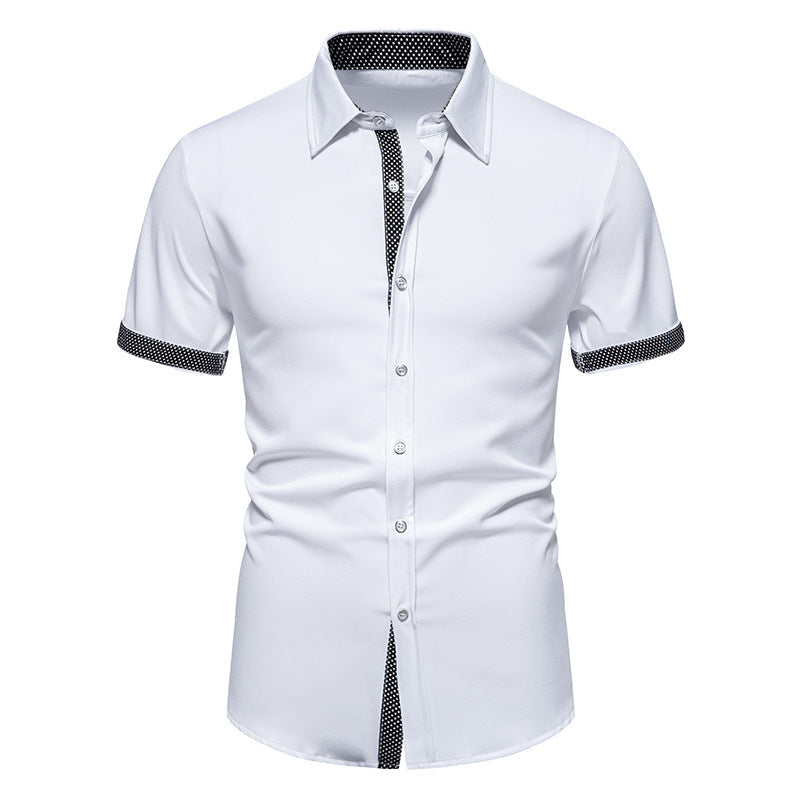 Elegantes, weiß-schwarzes Herren Polka-Dot Kurzarmhemd; lässiges, leichtes Freizeithemd mit Farbblock-Design & Kentkragen.
