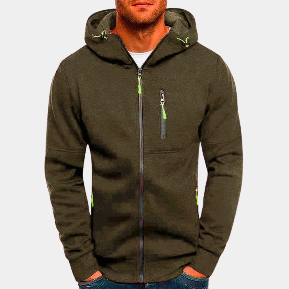 Schwarzer Herren Hoodie mit Reißverschluss, perfekt für einen entspannten Casual-Look. Komfortables Oberteil.