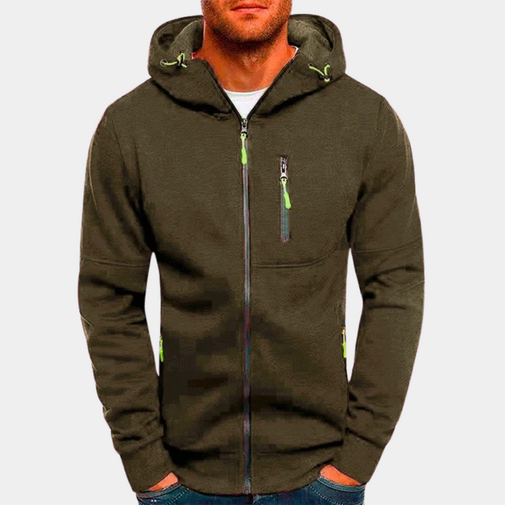 Schwarzer Herren Hoodie mit Reißverschluss, perfekt für einen entspannten Casual-Look. Komfortables Oberteil.
