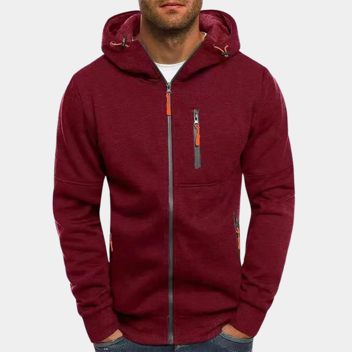 Texturaufnahme: Weicher Stoff des Herren Reißverschluss-Hoodies. Qualität für komfortable Casual Mode.