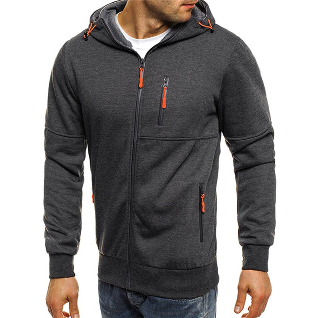 Komfortabler Herren Hoodie mit durchgehendem Reißverschluss und Bauchtaschen. Lässige Alltagskleidung.