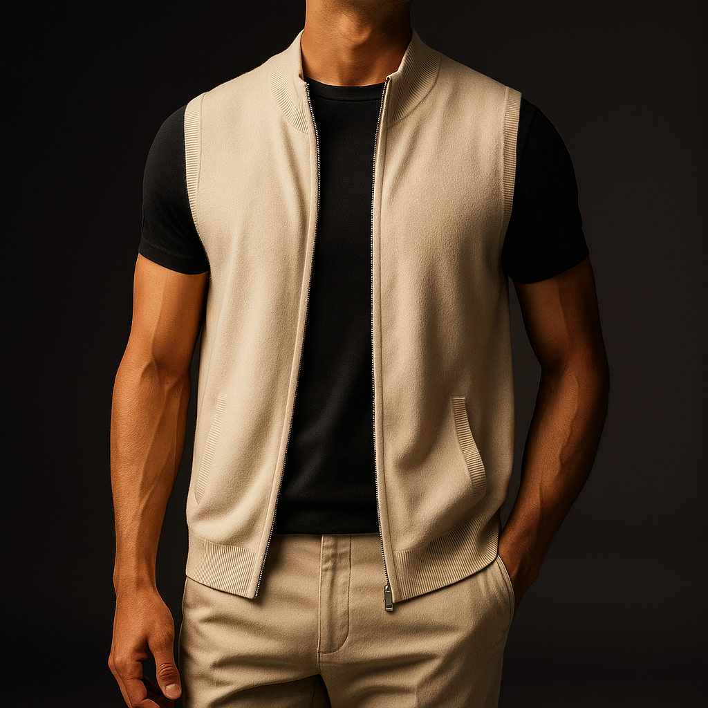 Moderne Herren Reißverschlussweste, ideal für stilvolles Layering im Herbst. Bequeme Oberbekleidung für Männer.