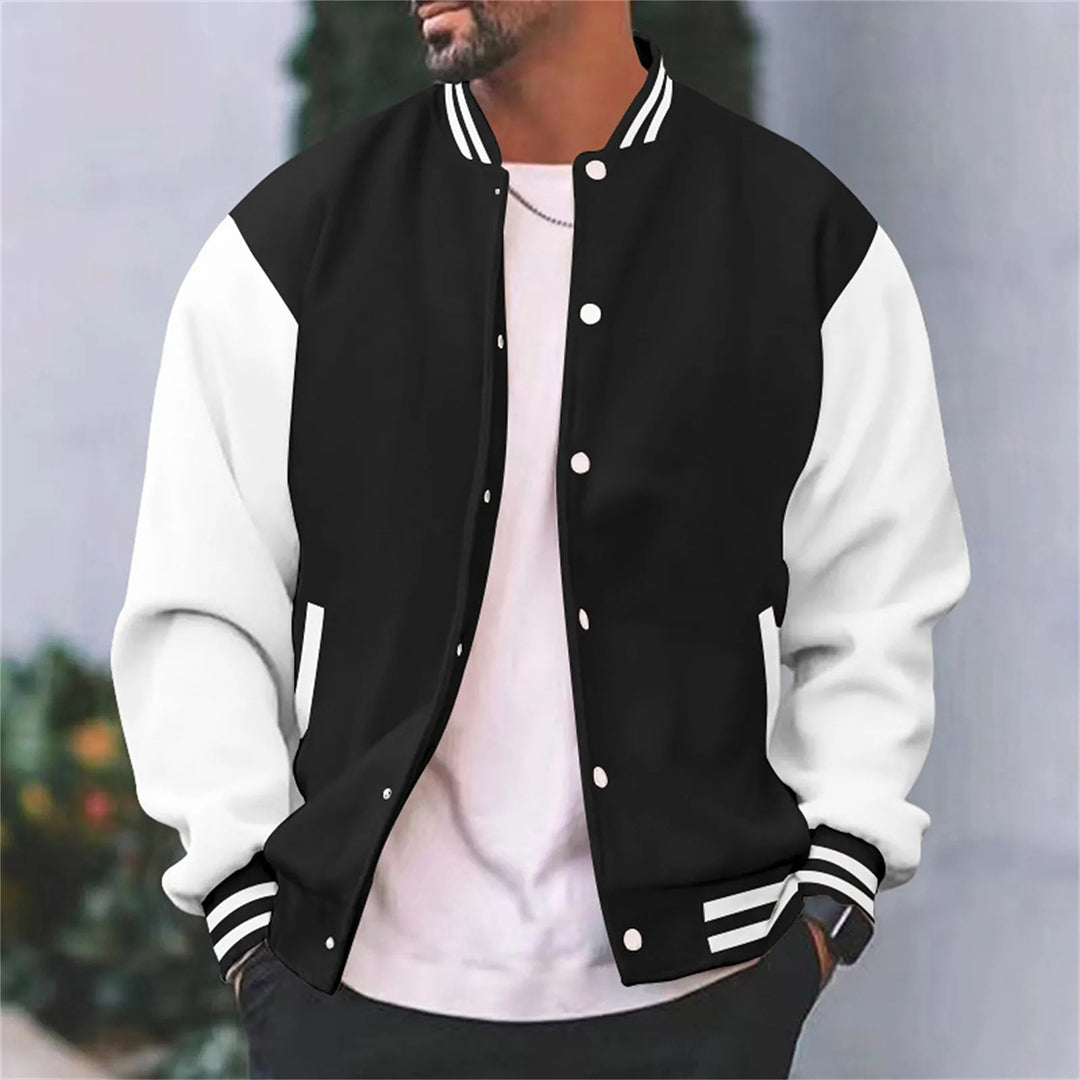 Herren Retro Varsity-Bomberjacke in klassischem Dunkelblau-Weiß; zeitloser College-Stil für moderne Männer & Freizeit.