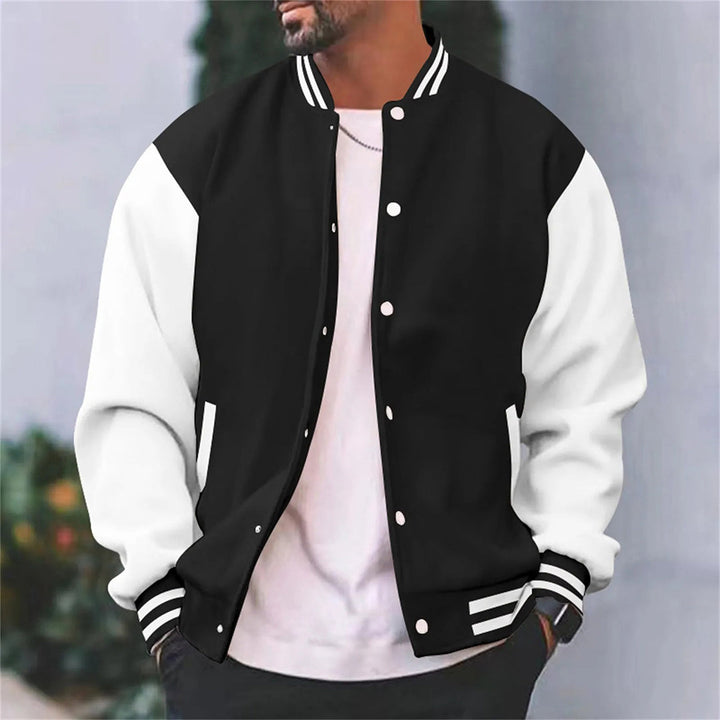 Herren Retro Varsity-Bomberjacke in klassischem Dunkelblau-Weiß; zeitloser College-Stil für moderne Männer & Freizeit.